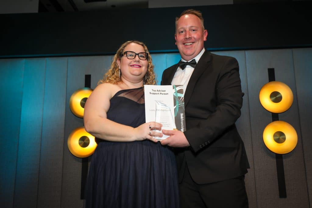 Loma Robertson receiving Top Adviser Support Person of the Year at the Link Financial Group Awards night 2025.